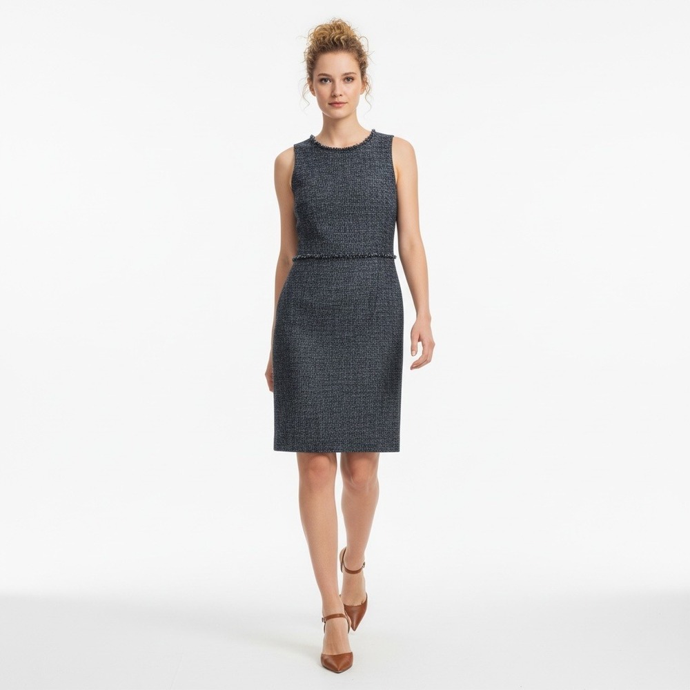 Michael Kors Preppy Quiet Luxury Navy White Tweed Fringe Trim Shift Dress 10